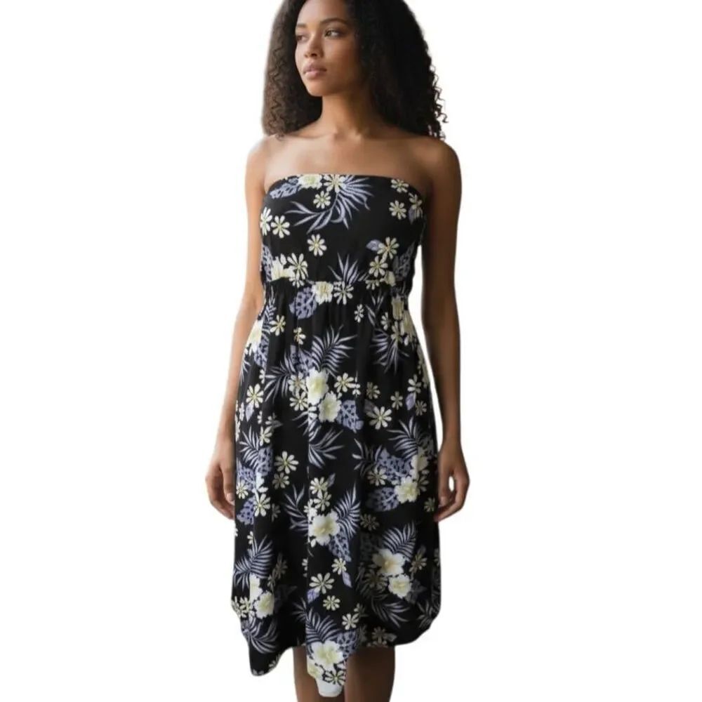 HIBISCUS COLLECTION HAWAII BLACK & YELLOW FLORAL STRAPLESS DRESS SZ.S EUC.